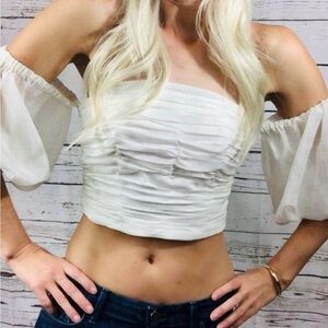 Revolve C/MEO Collective Pleated Crop Top Puff Balloon Sleeves Off Shoulder S